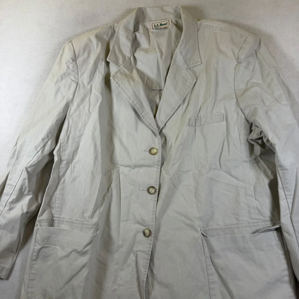 LL Bean Womens 20 Khaki Tan 100% Cotton 3 Button Blazer Chore Jacket Vintage - Picture 1 of 4